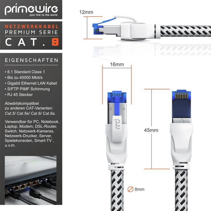 Produktbild Primewire CAT 8 Netzwerkkabel 40 Gbits - Baumwollmantel - LAN Kabel Patchkabel RJ45 - S/FTP PIMF Schirmung (S/FTP, CAT8.1, 15 m)