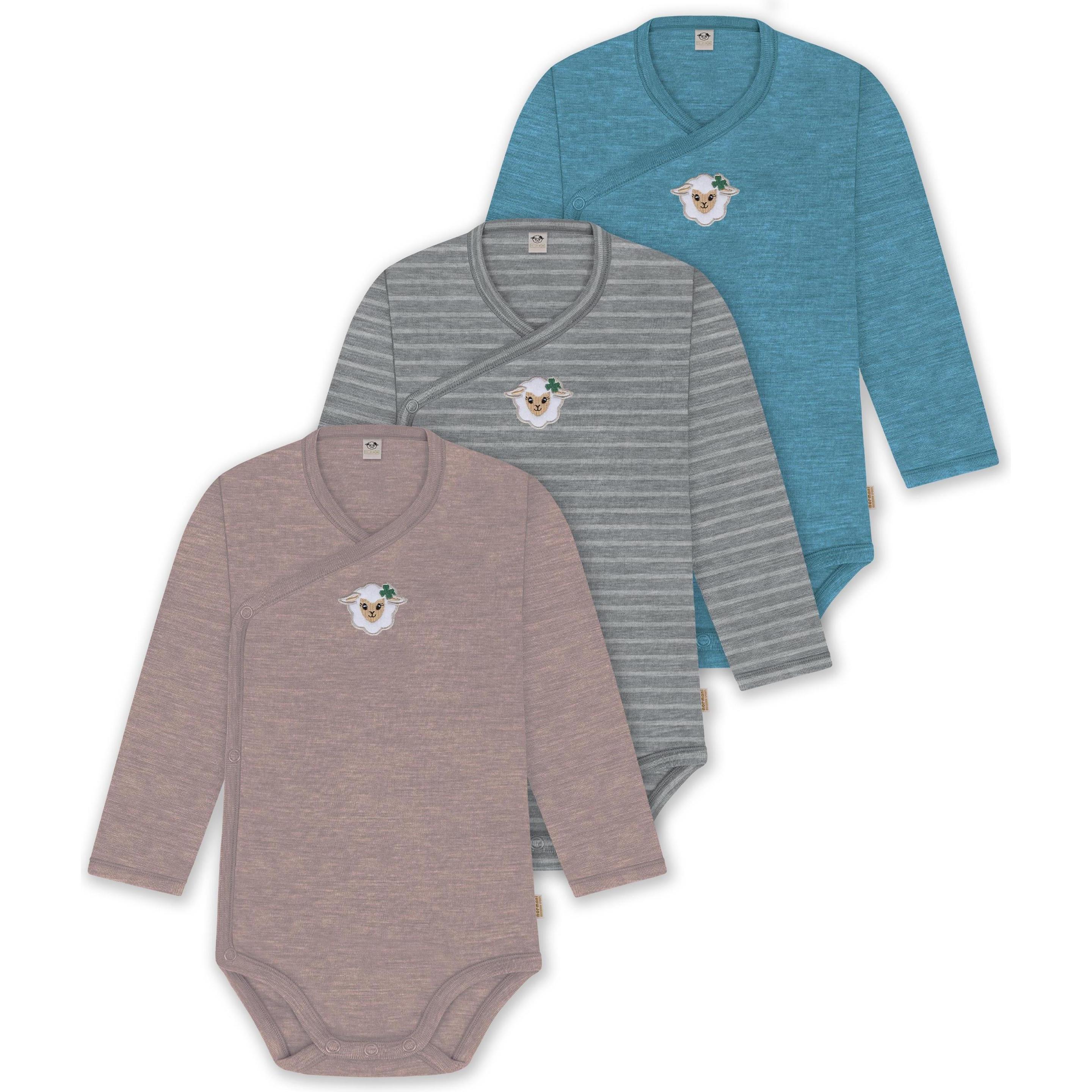 Thumbnail - Normani, Herren, Body, 3er Set Baby-Body Wickelbody Langarm Toddler-Bodysuit aus Merinowolle - 9357, Blau, (80)