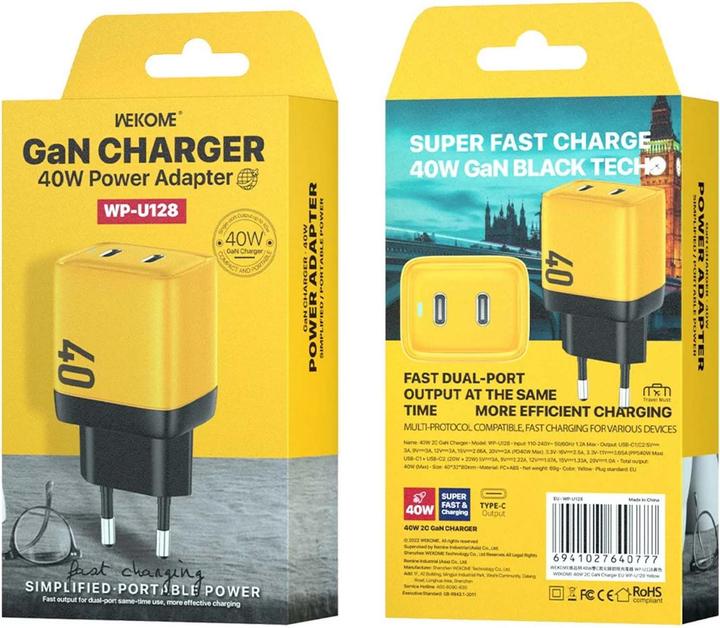 Actual product image Wekome Mains charger 2xUSB-C Super Fast Charger GaN (40 W)