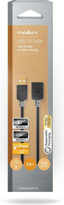 Actual product image Nedis CCBW60010AT30 USB cable USB 2.0 USB-A male USB-A female 480 Mbps Gold-plated 3.0 m Round PVC A (3 m, USB 2.0)