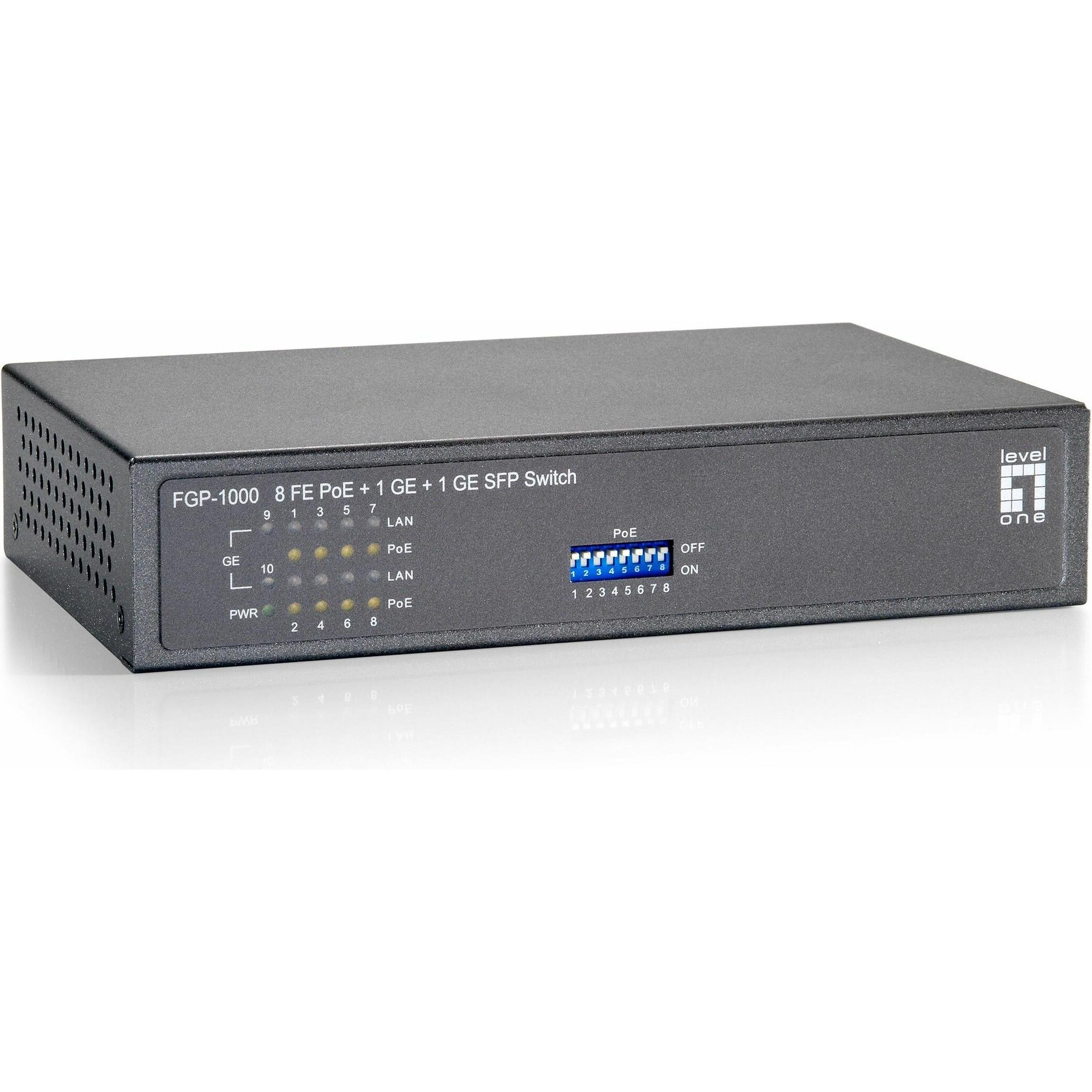 LevelOne Fgp-1000: 8 Fe Poe+1 Ge+1 Ge Sfp (10 porte), Switch di rete, Nero, Grigio