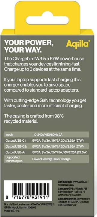 Productafbeelding Aqiila Chargebird W3 - GaN Muurlader, 65W PD - Wit (65 W, 3 ports)