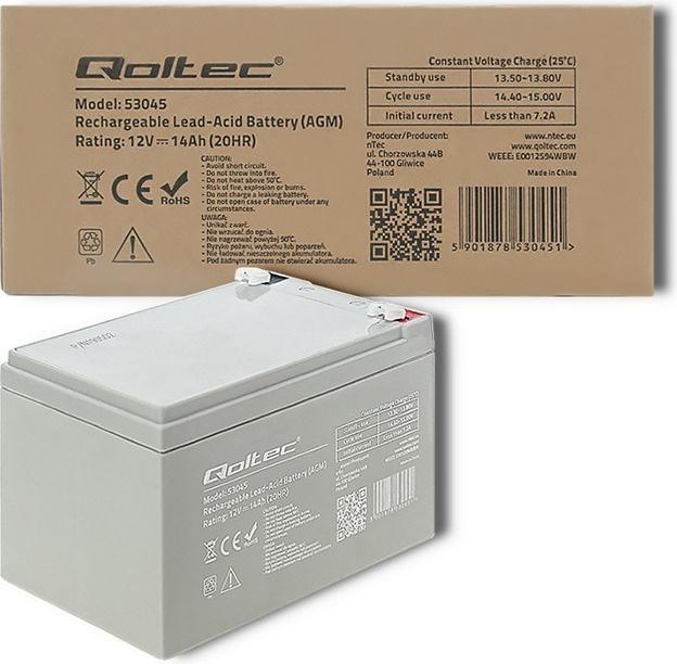 Actual product image Qoltec 53045 - Battery / accumulator - 14 Ah - 12 V - White - 210 A - 15 cm (12 V, 14 Ah)