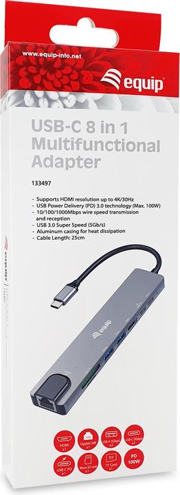 Productafbeelding equip Adapter USB-C -> HDMI,GbE,3xUSB3.2 Gen1,SD/TF,PD 100W (USB-C, 8 ports)