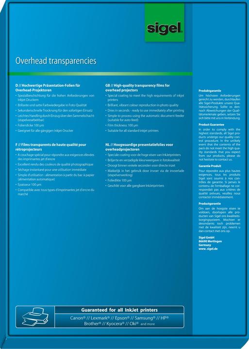 Actual product image Sigel Inkjet overhead transparencies (100 g/m², 50x)