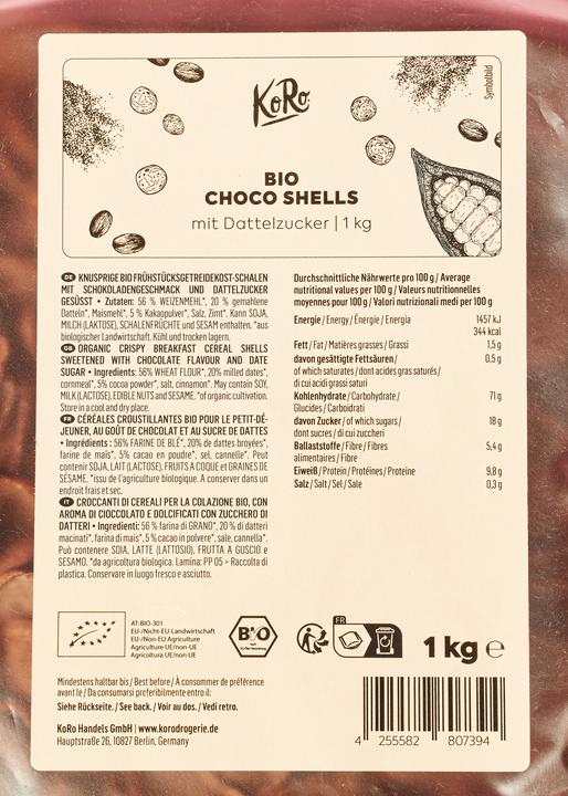 Nutritional values and ingredients KoRo Bio-Choco Shells (1000 g)