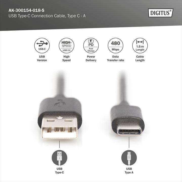 Produktbild Digitus USB C – USB A (1.80 m, USB 2.0, 15 W)