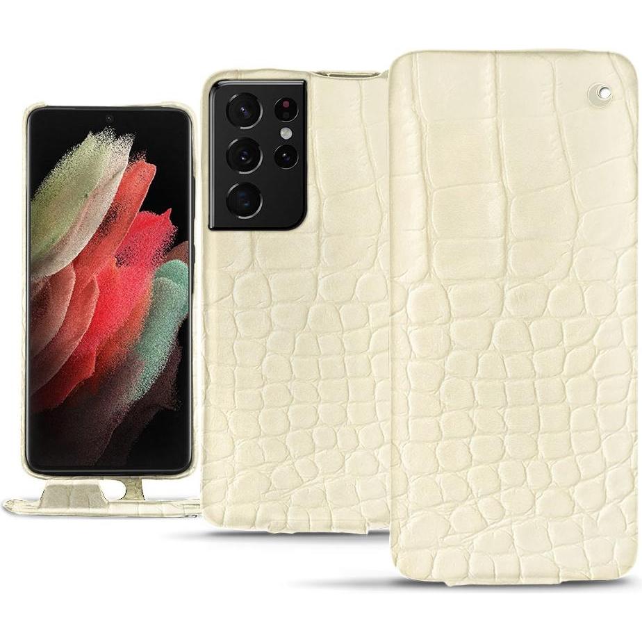 Noreve Lederschutzhülle vertikal (Samsung Galaxy S21 Ultra), Smartphone Hülle, Weiss