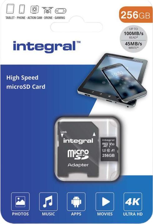 Productafbeelding INMSDX256G-100V30 256GB MICRO SD KAART MICROSDXC UHS-1 U3 CL10 V30 A1 TOT 100MBS LEZEN 45MBS (256 GB, microSDXC, U3, UHS-I)