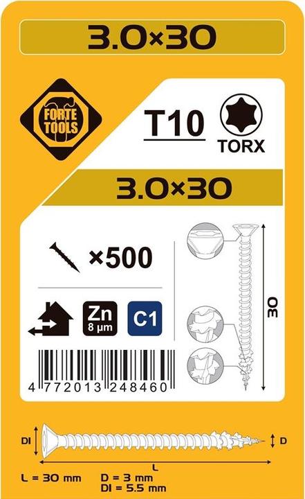 Actual product image Forte tools CHIPBOARD SCR T10 3.0X30 WHITE ZN(500) (500 Screws per piece)