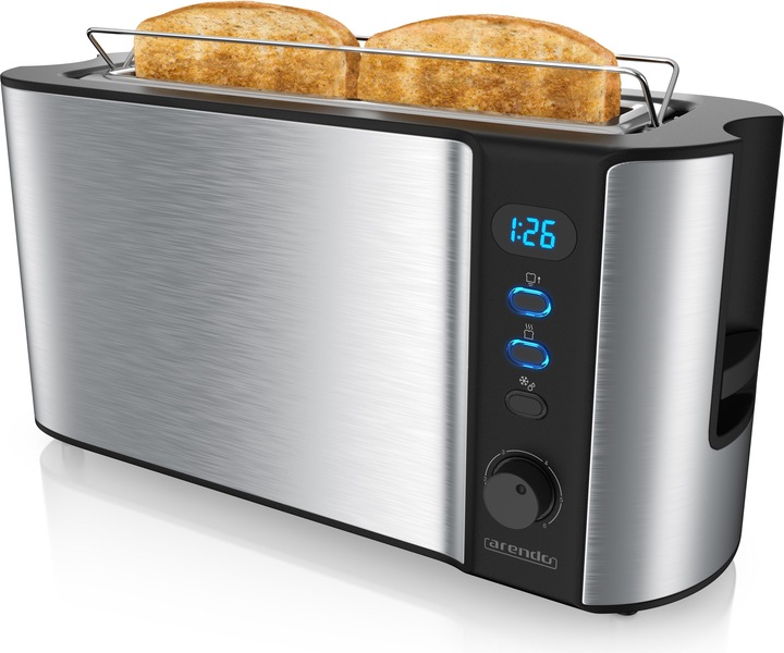 Produktbild Arendo Toaster Edelstahl Langschlitz 2 Scheiben, Doppelwand, Brötchenaufsatz, Display mit Restzeitanzeige