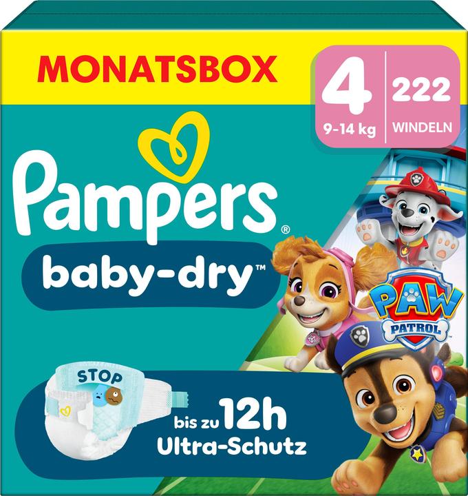 Image du produit Pampers Baby-Dry Paw Patrol édition limitée (Taille 4, Pack mensuel, 222 pcs)