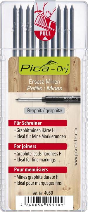 Produktbild Vasalat Pica Dry Minen Set - 20 Stück Ersatzminen graphit Härte H - ideal für Tischler (Schwarz, 20 Stk.)