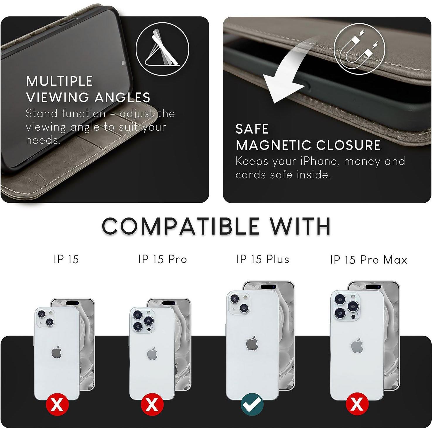 Thumbnail - Nalia Echt Leder Flip Case Hülle mit Magnetverschluss (Apple iPhone 15 Plus), Smartphone Hülle, Grau