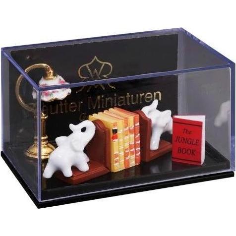 Reutter, Miniature, 2 Buchstützen mit Elefantenfigur, Büchern und Lampe