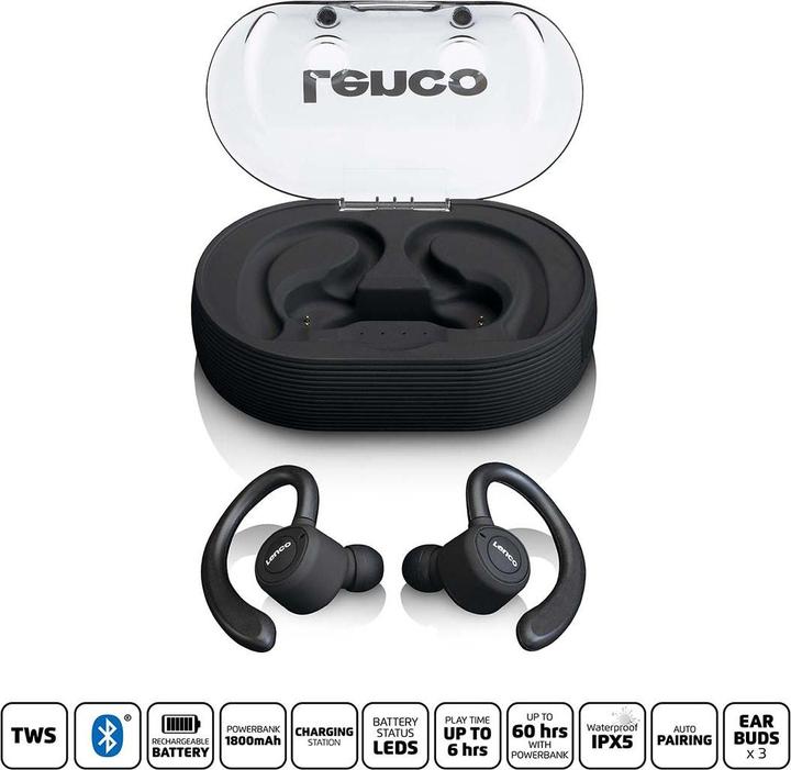 Immagine prodotto Lenco Auricolare stereo B 460BK Bluetooth® Sport, gancio per le orecchie, resistente al sudore (60 h, Senza fili)