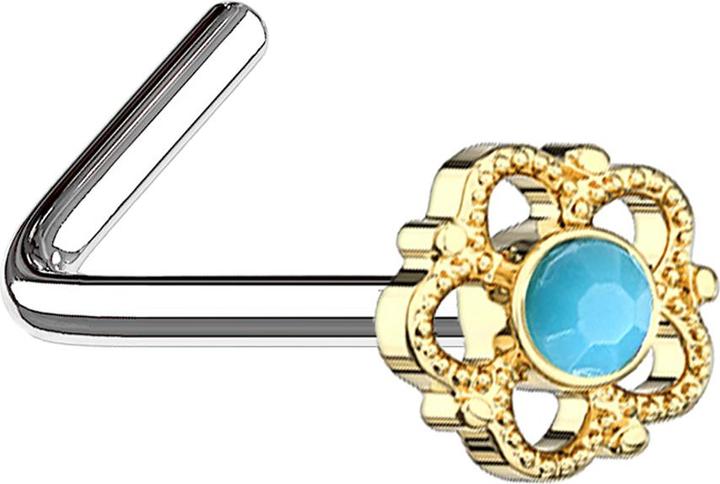 Produktbild Star Piercing Nasenstecker gewinkelt vergoldet Blume mit türkis Stein (Messing, Mineralisch, Chirurgenstahl 316L)