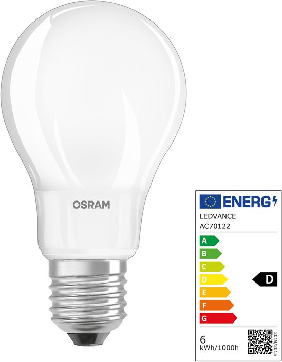 Energie-Label Osram LED Leuchtmittel LED Retrofit CLASSIC A 5.9W 827 Frosted E27 Warm weiss 4099854467738 (E27, 806 lm, 1x)