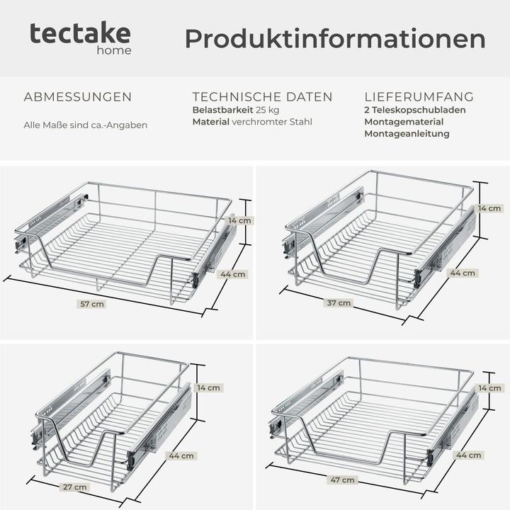 Actual product image tectake 2 Sliding wire baskets with drawer slides