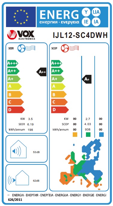 Energie-Label Vox AirCon IJL12-SC4DWH (WiFi, 4D Air Flow, CFilter, Sfilter, HB (12000 BTU/h)