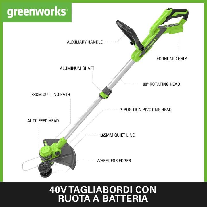 Produktbild Greenworks Akku-Grastrimmer mit Rad für kleine bis mittlere Gärten, automatischer Fadenvorschub (Trimmfaden)