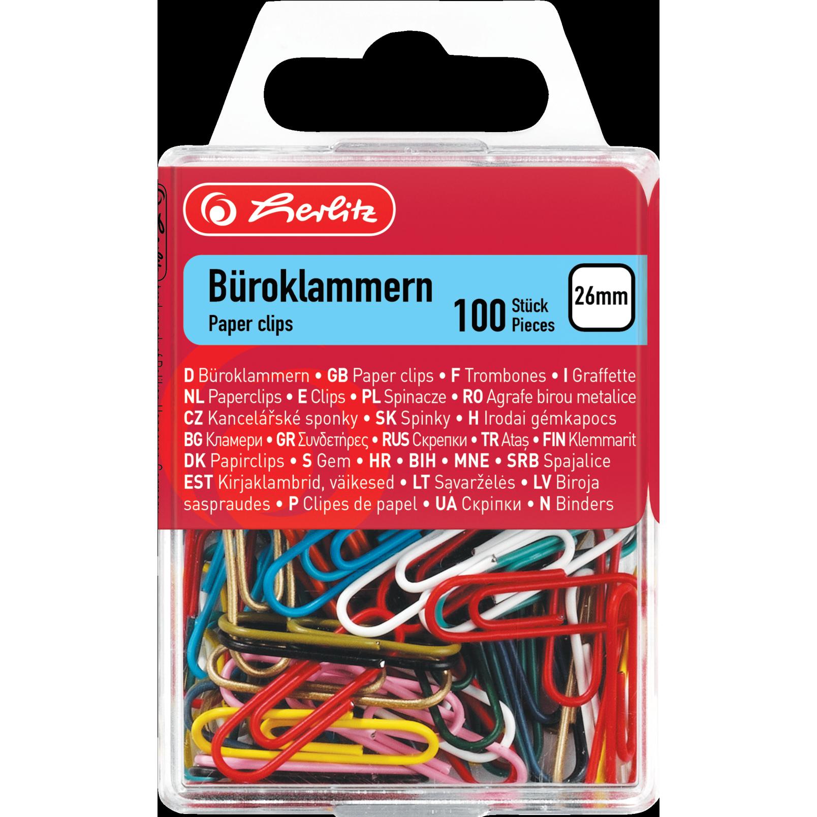 Herlitz, Büroklammer, Büroklammern, aus Metall, kunststoffummantelt, 26 mm farbig sortiert (100 x)