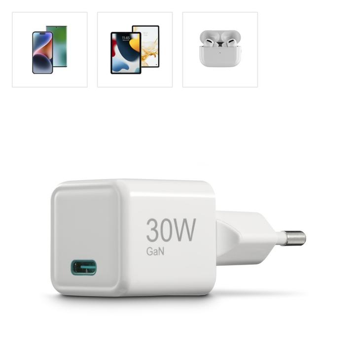Image du produit Hama Chargeur rapide, USB-C, PD/QC/GaN, super-mini-chargeur, 30 W, blanc (30 W, 1 portion)