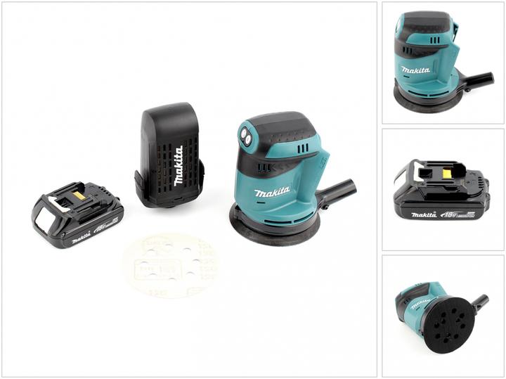 Makita DBO 180 Z 18V Li-ion Akku Exzenterschleifer, 1x Schleifpapier, Staubsammelbox, 1x Makita BL 1815 N 18 V - 1,5 Ah Li-Ion Akku