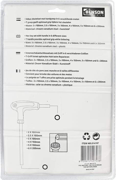 Actual product image Benson Hex key set t-handle 6 pieces