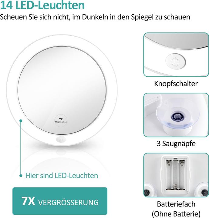 Actual product image Emke Illuminated Cosmetic Mirror with 7X Magnification, Suction Cup, Battery Operated, 165mm