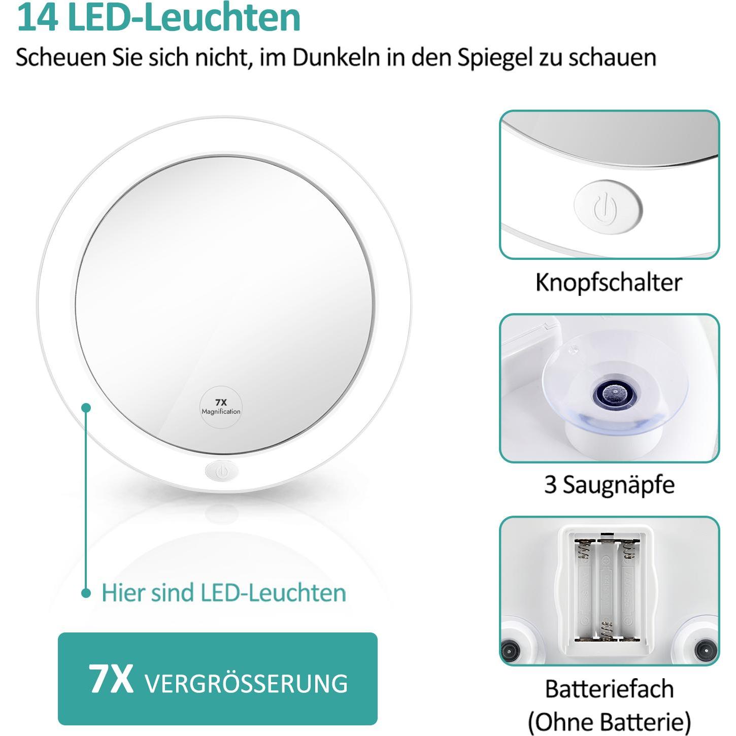 Thumbnail - Emke, Kosmetikspiegel, Kosmetikspiegel mit beleuchtung 7X Vergrösserung, Saugnapf, Batteriebetrieben, 165mm