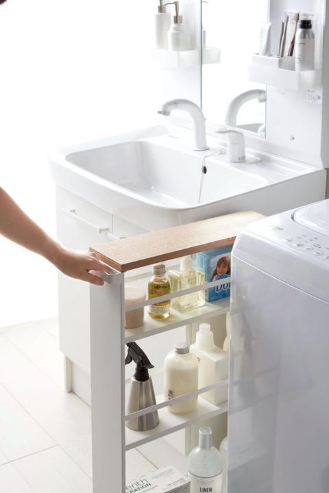 Actual product image Yamazaki Narrow trolley with wooden shelf TOWER
