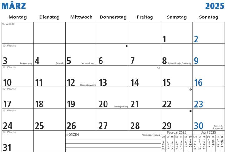 Nährwerte und Zutaten Monatsterminkalender 2025 weiss,29,7x21cm, Tischkalender mit 1 Monat auf 1 Seite
