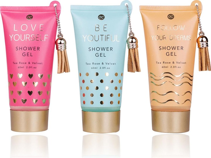 Actual product image Accentra BEAUTY TREATS shower gel in tube with tassel, 60ml, 3 assorted motifs, fragrance: Tea Rose & (60 ml)