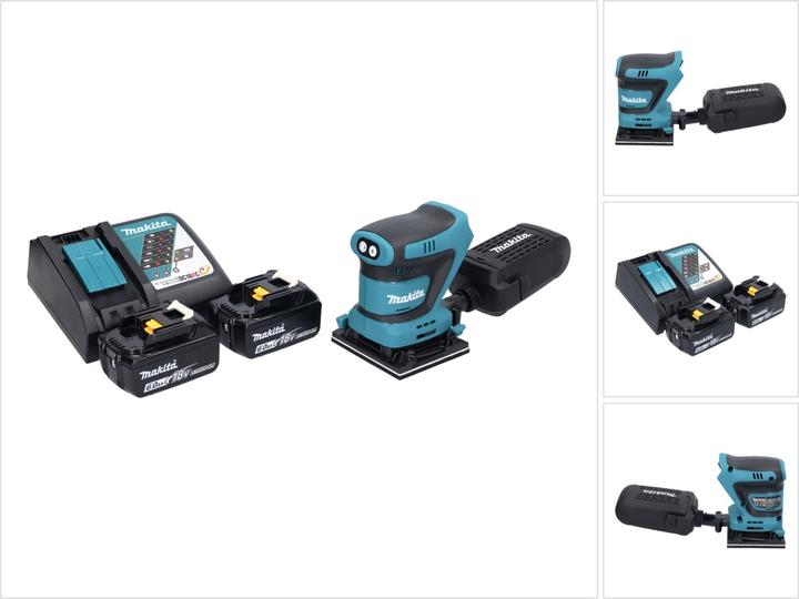 1x Makita DBO 481 Akku Schwingschleifer, 1x Staubbox, 2x Makita BL 1860 B 18 V 6,0 Ah Akku, 1x Makita DC 18 RC Akku Schnell Ladegerät 7,2 V - 18 V