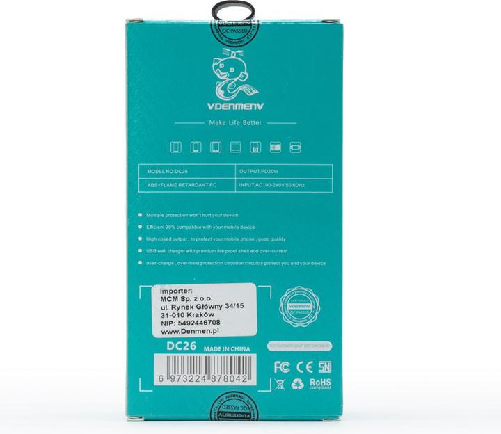 Produktbild DENMEN DUAL USB + USB-C 20W DC26 WAND-LADEGERÄT (20 W, 2 Ports)