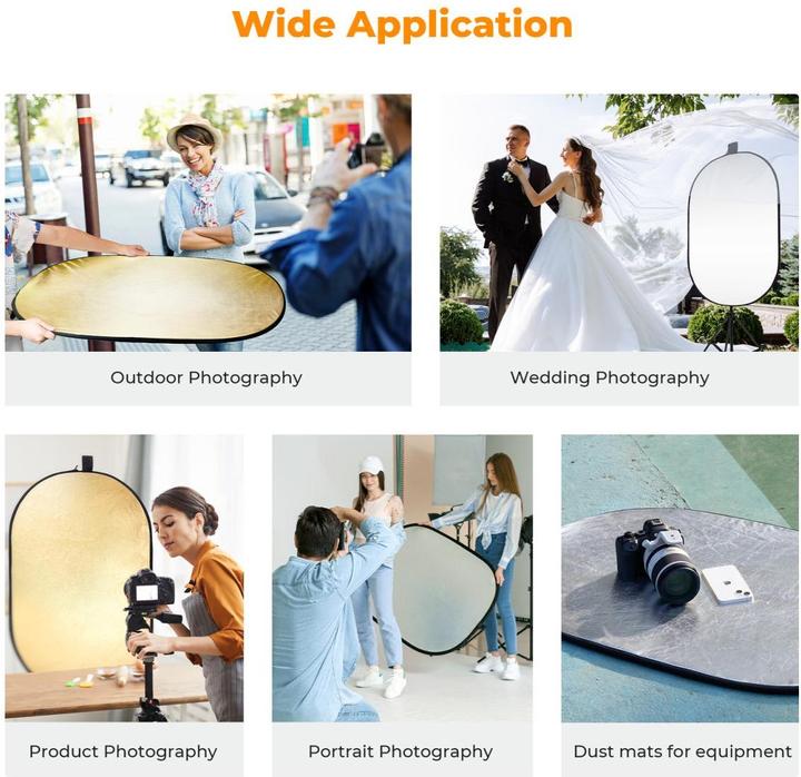Actual product image K&F Concept 5-in-1 Foldable Reflector With Carrying Bag, Including Gold, Silver, Black, White Reflective Cloth (Folding reflector, Reflector)