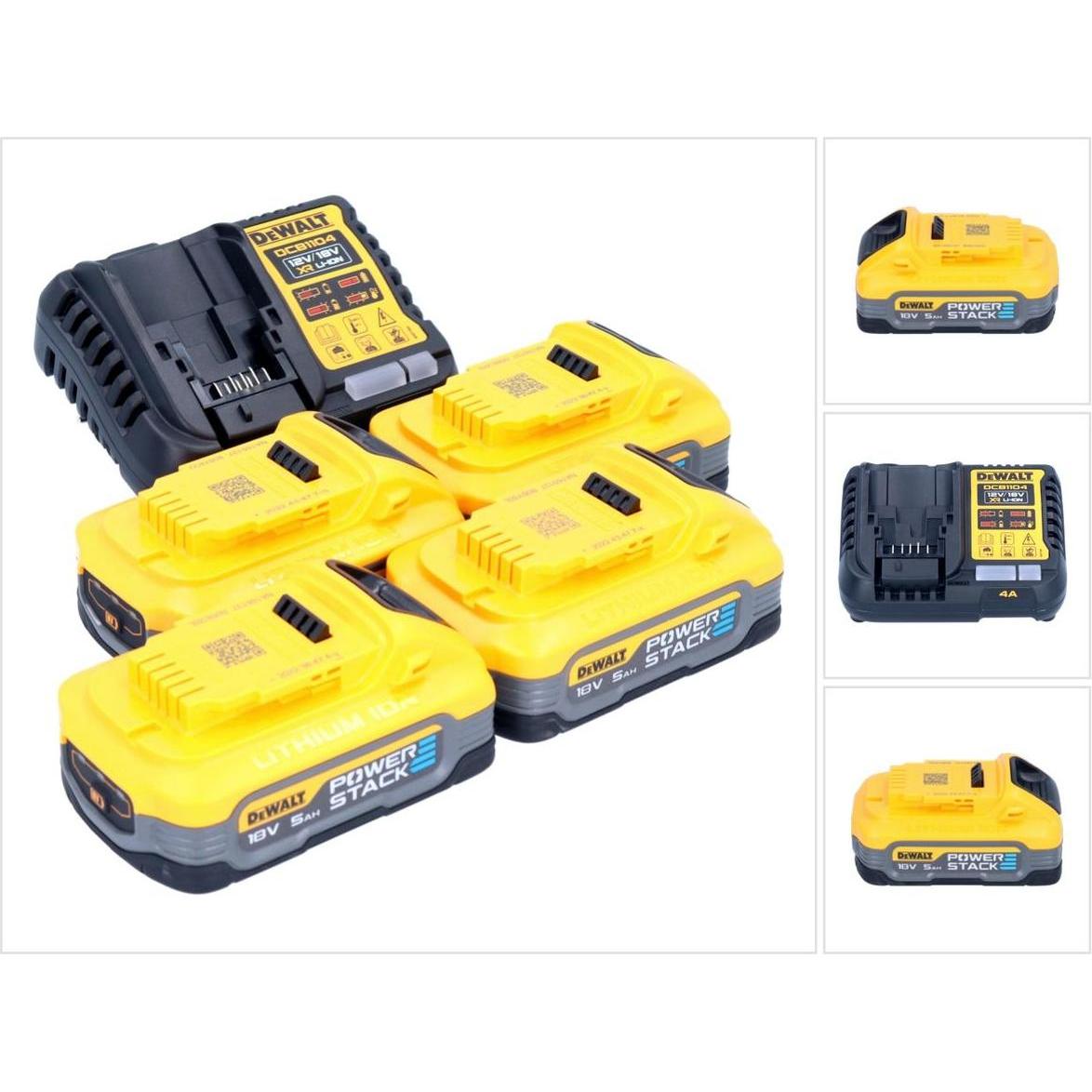 DeWalt, Werkzeugakku + Ladegerät, DCB 1104 H4 Akku Starter Set 12 V / 18 V 4x Powerstack Akku 5,0 Ah + DCB 1104 Ladegerä...