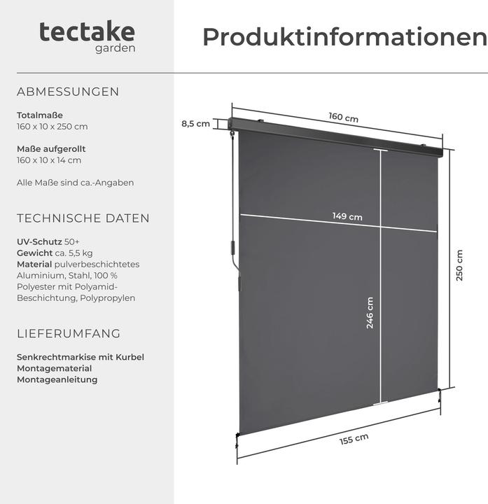 Actual product image tectake Vertical awning Eloise with 2 wall brackets (1.60 m)