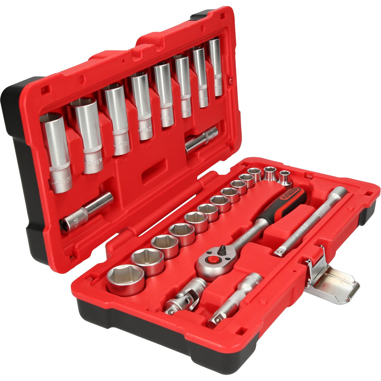 KS Tools, Steckschlüssel + Stecknuss, 3/8" Steckschlüssel-Satz, 27 Teile, Flank Traction (24 mm, 8 mm, 10  mm, 14 mm, 21...