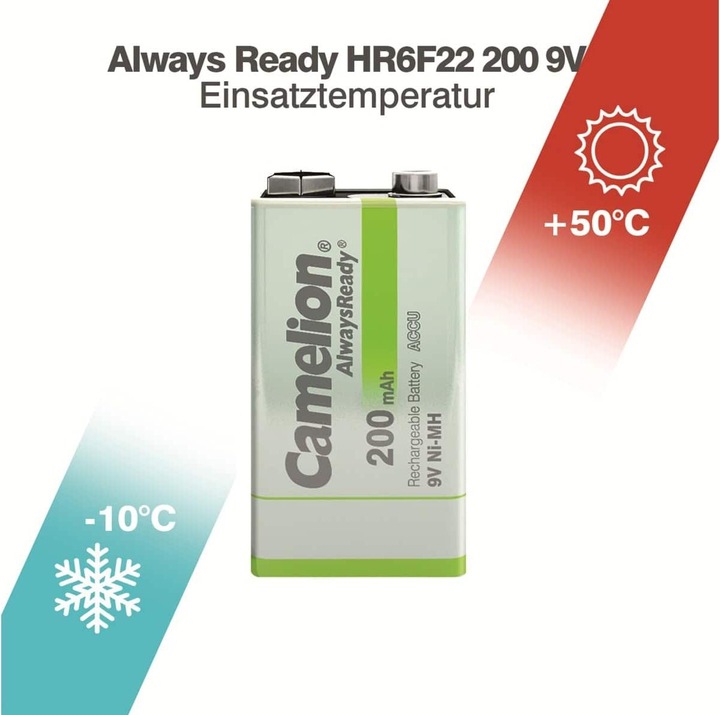 Actual product image Camelion AlwaysReady NH-9V200AR-BP1 - Battery 9V - NiMH - (rechargeable) (1 pcs., 9V Block, 200 mAh)