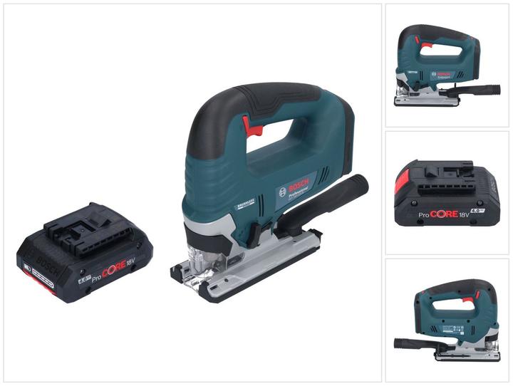 1x Bosch GST 18V-125 B Professional Scie sauteuse sans fil, 1x kit d'aspiration ( 1 619 P17 472 ), 1x lame de scie sauteuse T 144 D, Speed for Wood ( 2 608 630 560 ), 1x pare-éclats ( 2 601 016 065 ), 1x Bosch GBA 18 V 4,0 Ah ProCORE Batterie à insertion