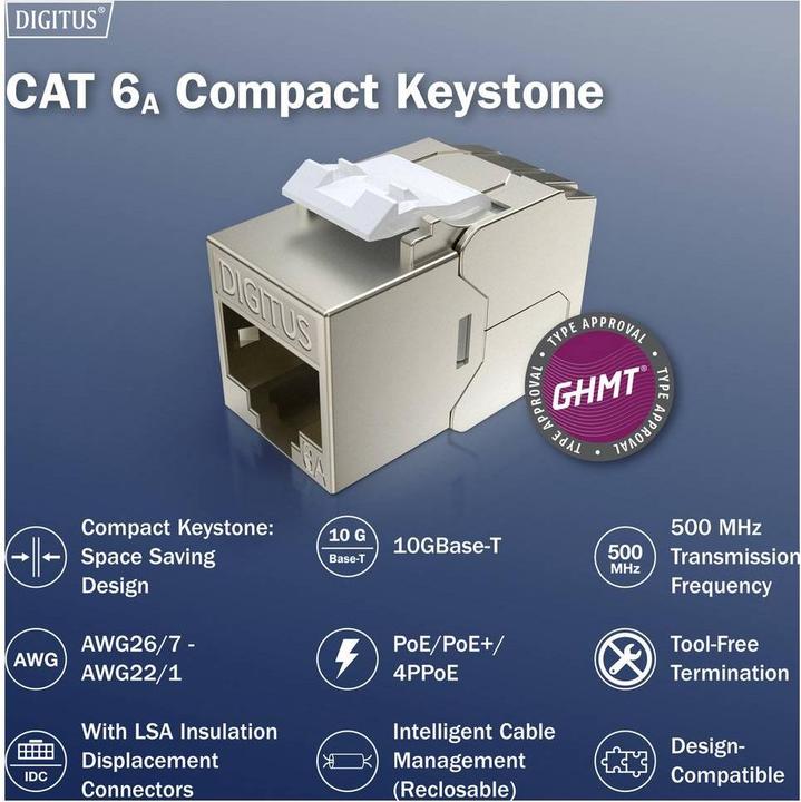 Produktbild Digitus CAT 6A Kompakt-Keystone Modul, geschirmt, werkzeugfreier Montageanschluss. 24 Stk. (Keystone Modul)