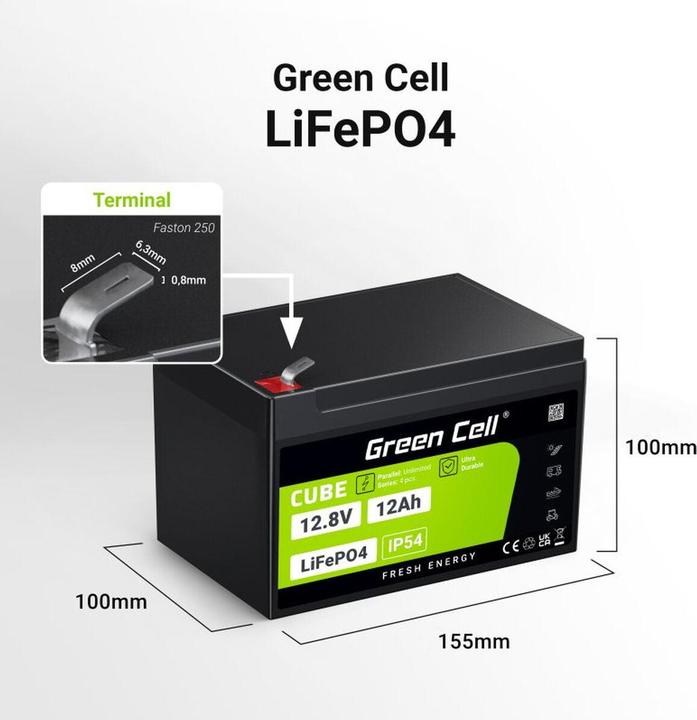 Immagine prodotto GreenCell Green Cell CUBE LiFePO4 Spezial-Akku LiFePo-Block Flachstecker Li-Ion 12.8 V 12 (12.80 V, 12 Ah)