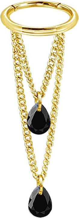 Actual product image Star Piercing Micro segment ring hinged gold-plated pendant horizontal two chains two oval crystals black (without brass, Surgical steel 316L)