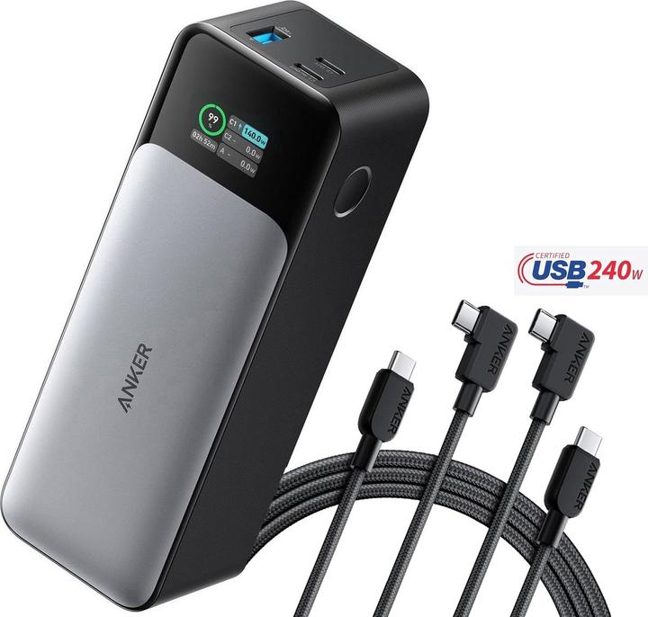 Anker 737 - Power Bank (PowerCore 24K) + 2x USB-C Right Angle Cable, 240 W, twee (24000 mAh, 140 W, 86.40 Wh)