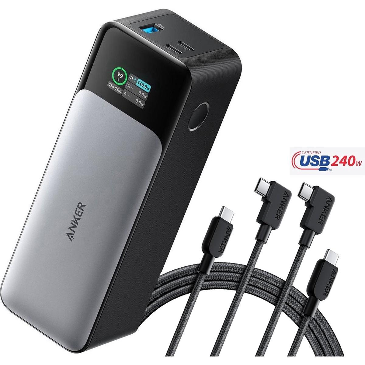 Anker 737 - Power Bank (PowerCore 24K) + 2x USB-C Right Angle Cable, 240 W, twee (24000 mAh, 140 W, 86.40 Wh), Powerbank, Nero