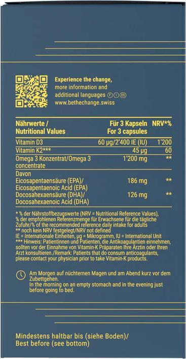 Valeurs nutritives et ingrédients BE THE CHANGE Vitamines D3 & K2 & Oméga 3 (90 pcs, Capsules, 53 g)