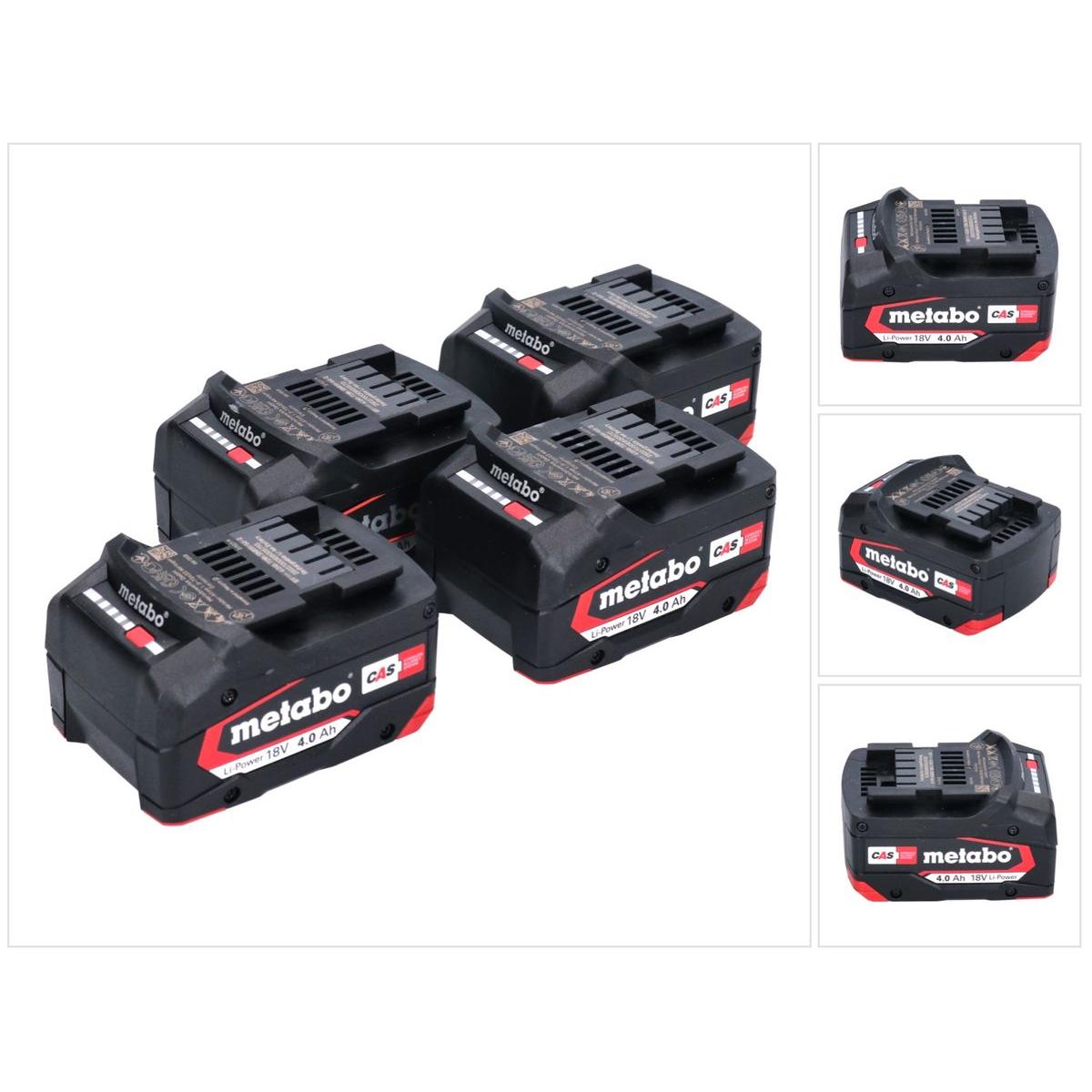 Metabo, Werkzeugakku + Ladegerät, Akku Set 4x Li-Power Akkupack 18 V 4,0 Ah CAS Li-Ion ( 4x 625027000 ) mit Ladestandsan...