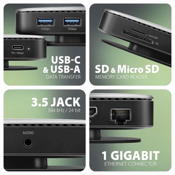 Produktbild Axagon HMC-UFO USB-C Hub, M.2 SATA/NVMe, 1 Gbit/s Ethernet, 384 kHz Audio - schwarz/silber (USB-C, 1 Port)